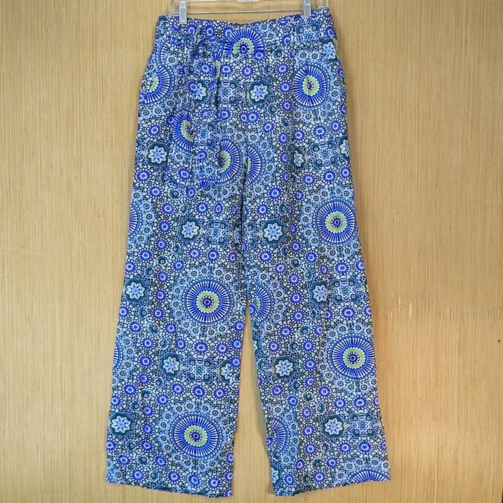 Banana Republic Womens Boho Resort Wide Leg Linen Blend Pants Size 6 Blue Belted